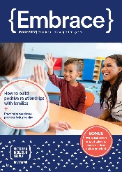 The Victorian Inclusion Agency's Embrace Magazine edition 11. Cover art is two educators sitting at a desk with a school aged child