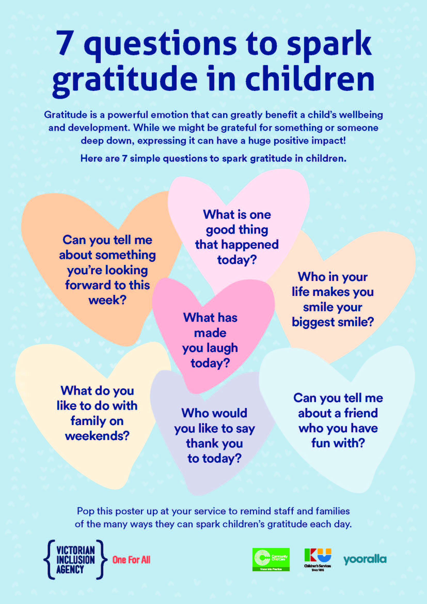 Poster with 7 simple questions to spark gratitude in children