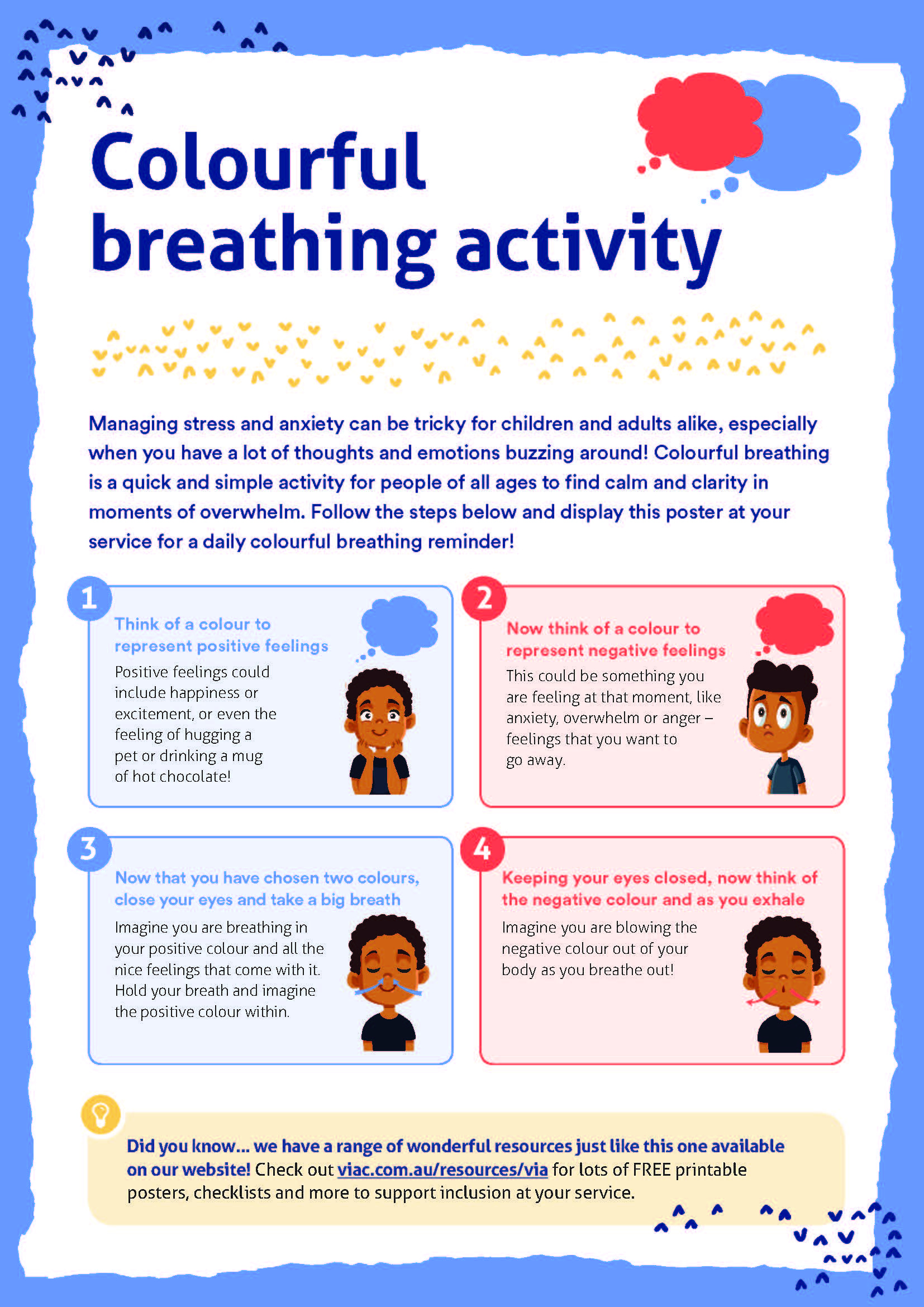 Poster with tips for managing stress and anxiety by assigning colour to positive and negative feelings colour